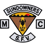 Sundowners SFV MC embroidered motorcycle club patch set with sunset road rider emblem, M and C side patches and bottom rocker