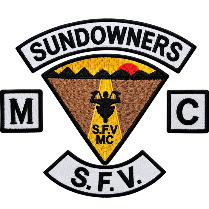Sundowners SFV MC embroidered motorcycle club patch set with sunset road rider emblem, M and C side patches and bottom rocker