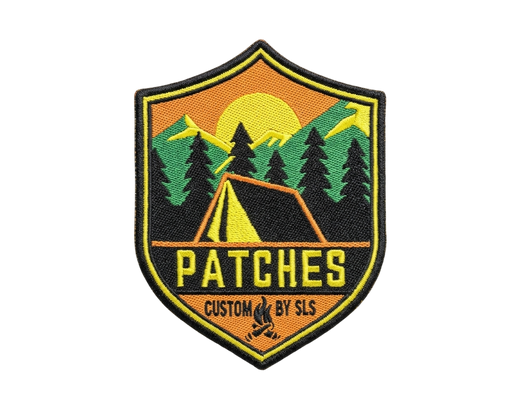 Custom camping patches with tent, pine trees and mountain sunset design on shield-shaped woven badge