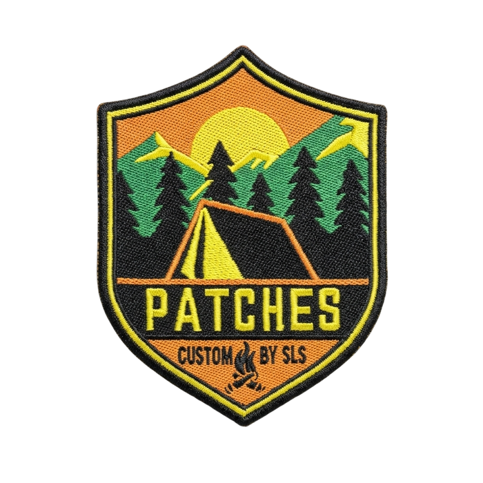 Custom camping patches with tent, pine trees and mountain sunset design on shield-shaped woven badge