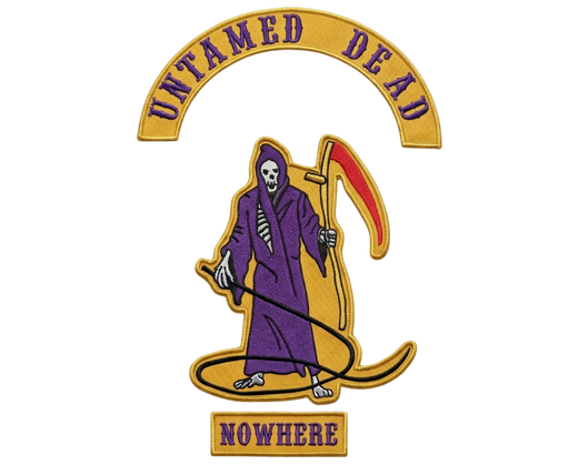 Untamed Dead Nowhere MC embroidered motorcycle vest patch set with purple grim reaper scythe - Fineyst Patches