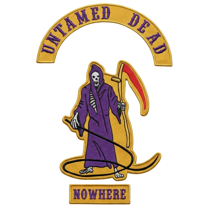 Untamed Dead Nowhere MC embroidered motorcycle vest patch set with purple grim reaper scythe - Fineyst Patches