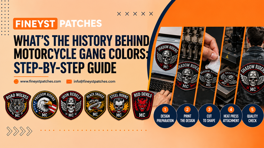 Fineyst Patches guide on the history behind motorcycle gang colors design, print, cut, and heat press attachment process