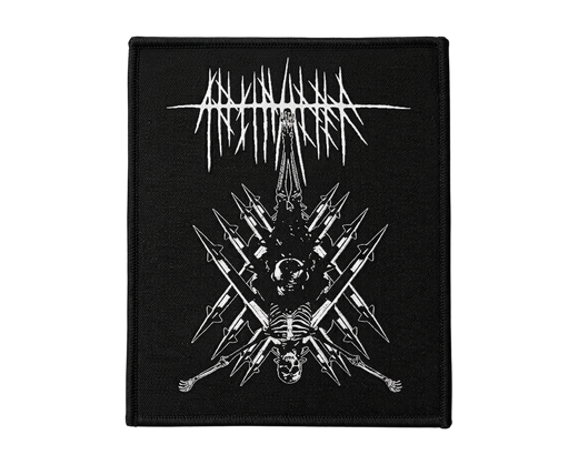 Black metal band woven back patch with upside down skeleton and crossed spears design on black fabric