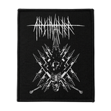 Black metal band woven back patch with upside down skeleton and crossed spears design on black fabric