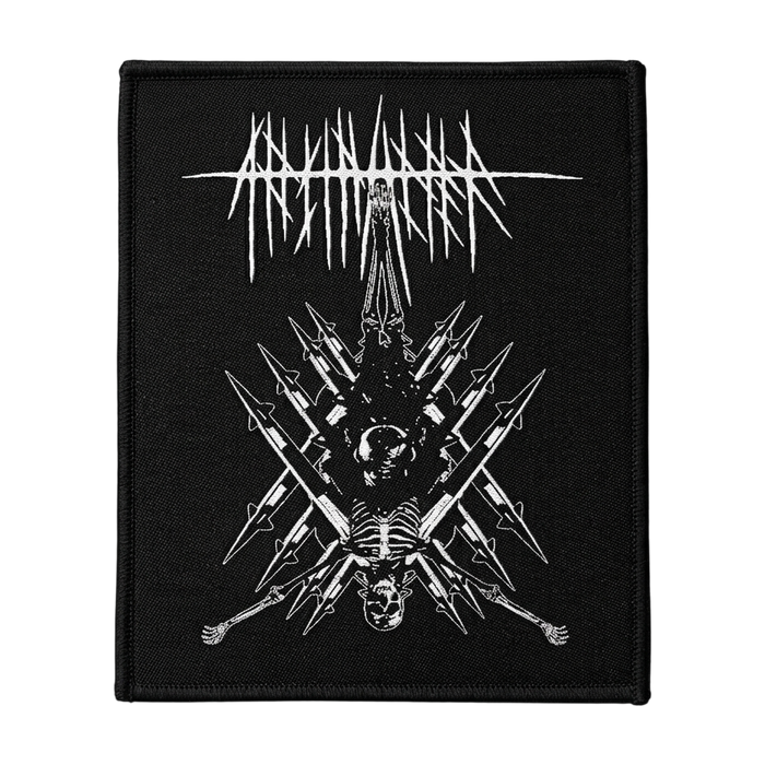 Black metal band woven back patch with upside down skeleton and crossed spears design on black fabric