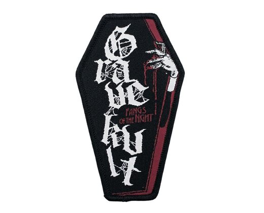 Coffin shaped woven patch with Fangs of the Night text and gothic skeletal hand design in black and red