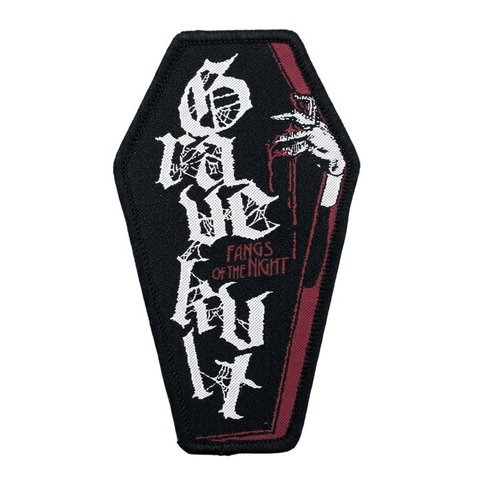 Coffin shaped woven patch with Fangs of the Night text and gothic skeletal hand design in black and red