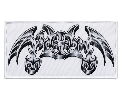 Woven gothic patch - black and white symmetrical bat wings with cross and skull design