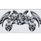 Woven gothic patch - black and white symmetrical bat wings with cross and skull design