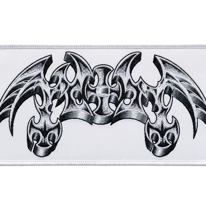 Woven gothic patch - black and white symmetrical bat wings with cross and skull design