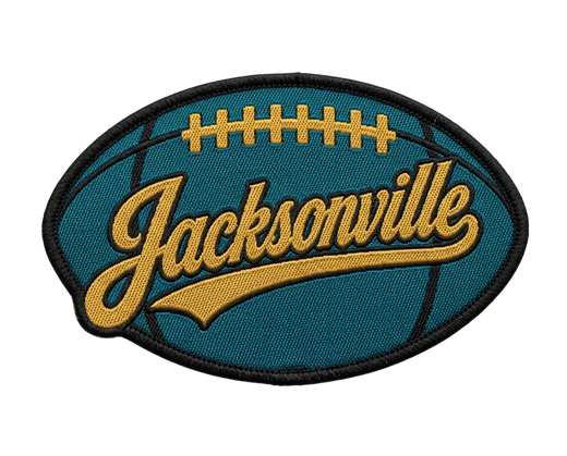 Jacksonville football woven patch with script lettering on teal oval football design