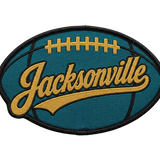 Jacksonville football woven patch with script lettering on teal oval football design