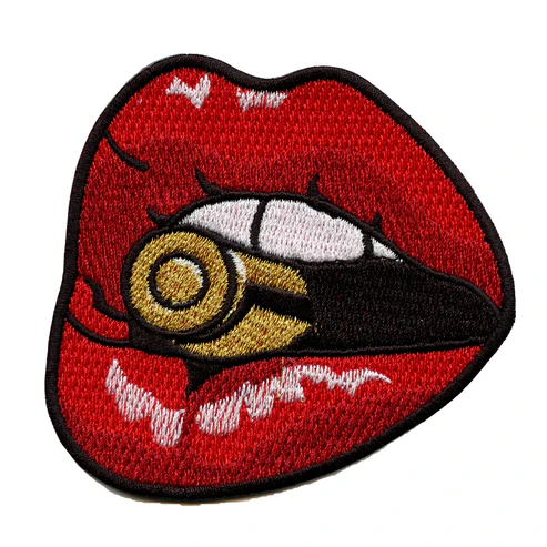 Red Lips Biting A Bullet Embroidered Patch